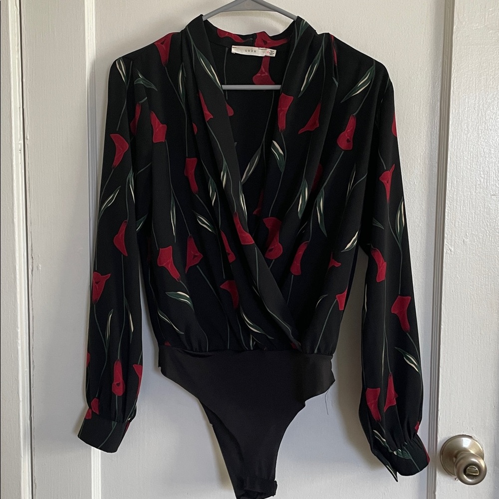 Black Bodysuit with Red Floral Pattern